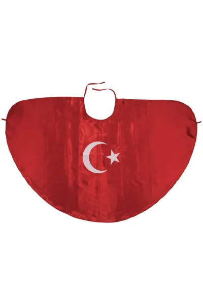 Unisex Kırmızı Saten Ay Yıldız Baskılı El Geçirmeli 23 Nisan Pelerin