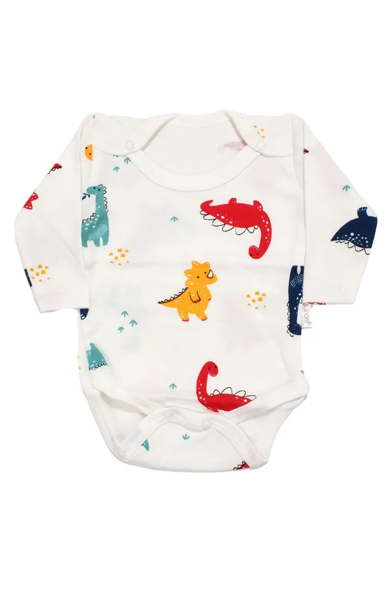 Erkek Bebek Beyaz Renkli Dino Baskılı Uzun Kollu Zıbın