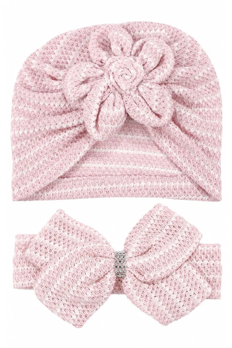 Kız Bebek Ekru Pembe Çizgili Papatyalı Bone Ve Fiyonklu Bandana İkili Set