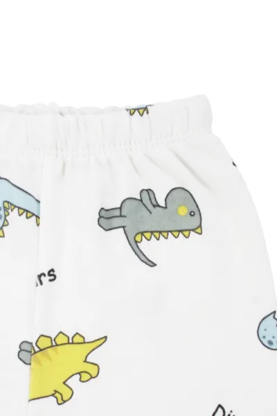 Unisex Ekru Renkli Dinazor Desenli Kruvaze Yaka Pijama Takımı