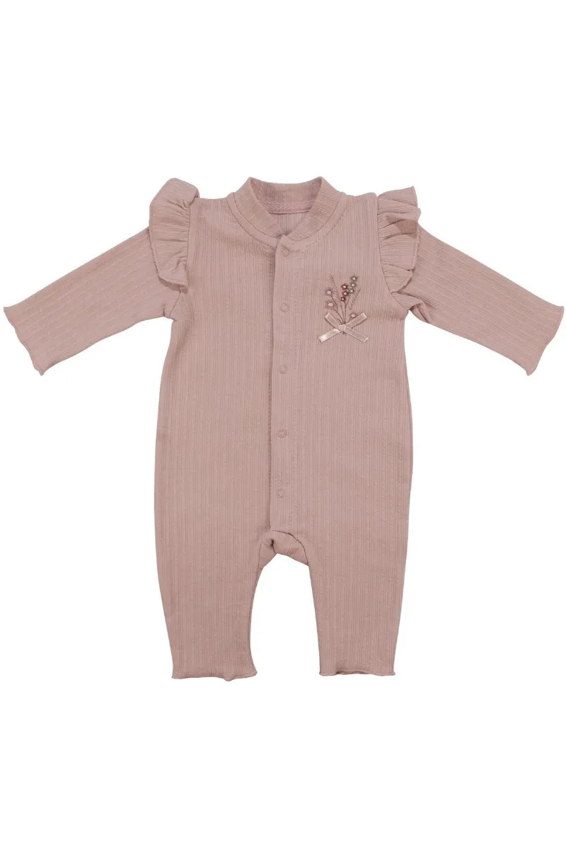 Kız Bebek Pudra Omuzları Fırfırlı Çiçek Nakışlı Çıtçıtlı Tulum