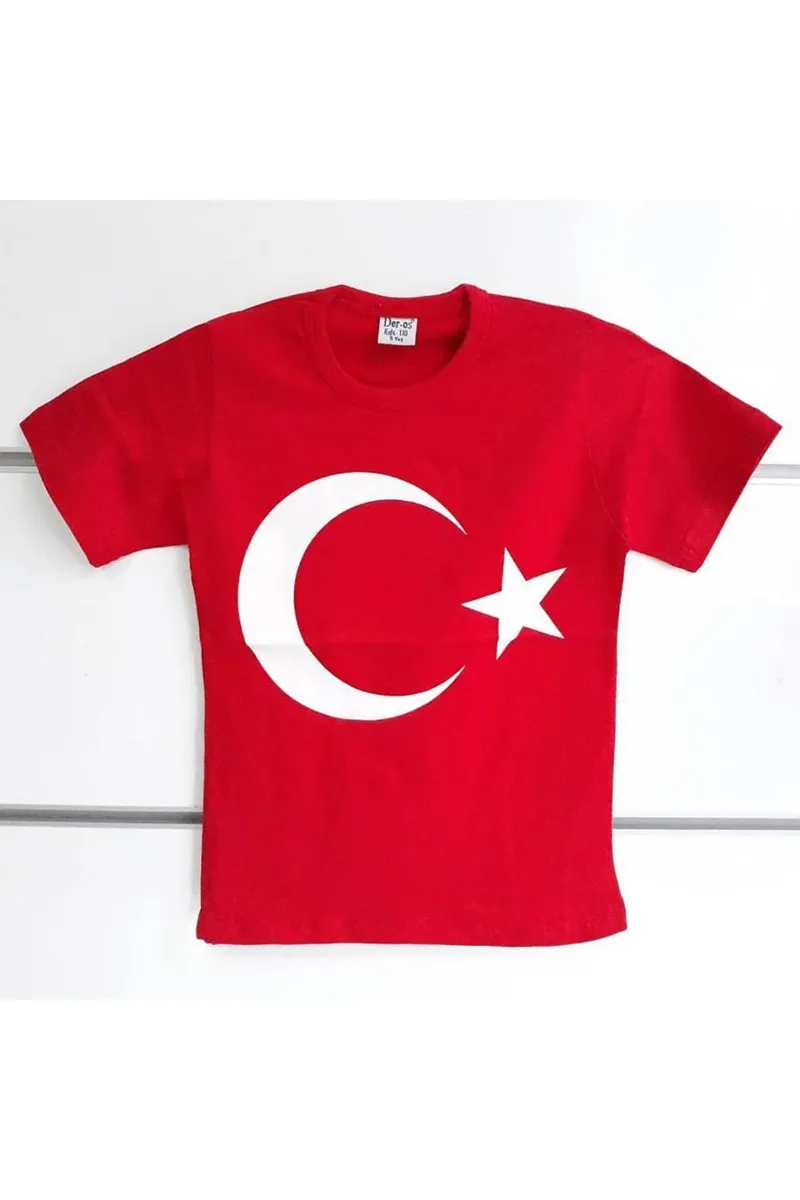 Kırmızı Üzerine Beyaz Ay Yıldız 23 Nisan Kısa Kollu Çocuk Bayrak T-Shirt