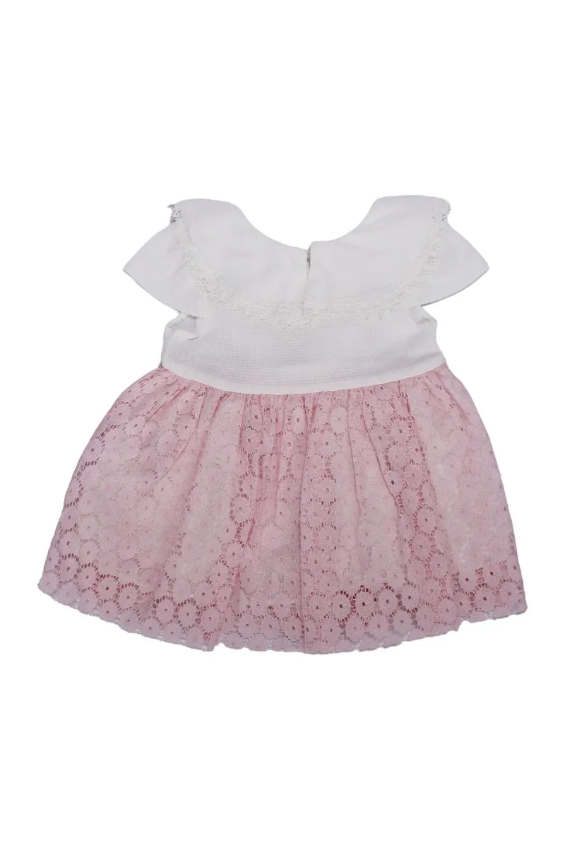 Kız Bebek Ekru Pembe Güpürlü Elbise