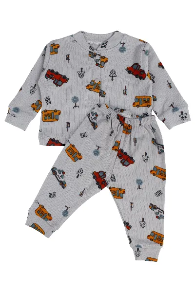 Erkek Bebek Gri Araba Baskılı 2'li Pijama Takımı