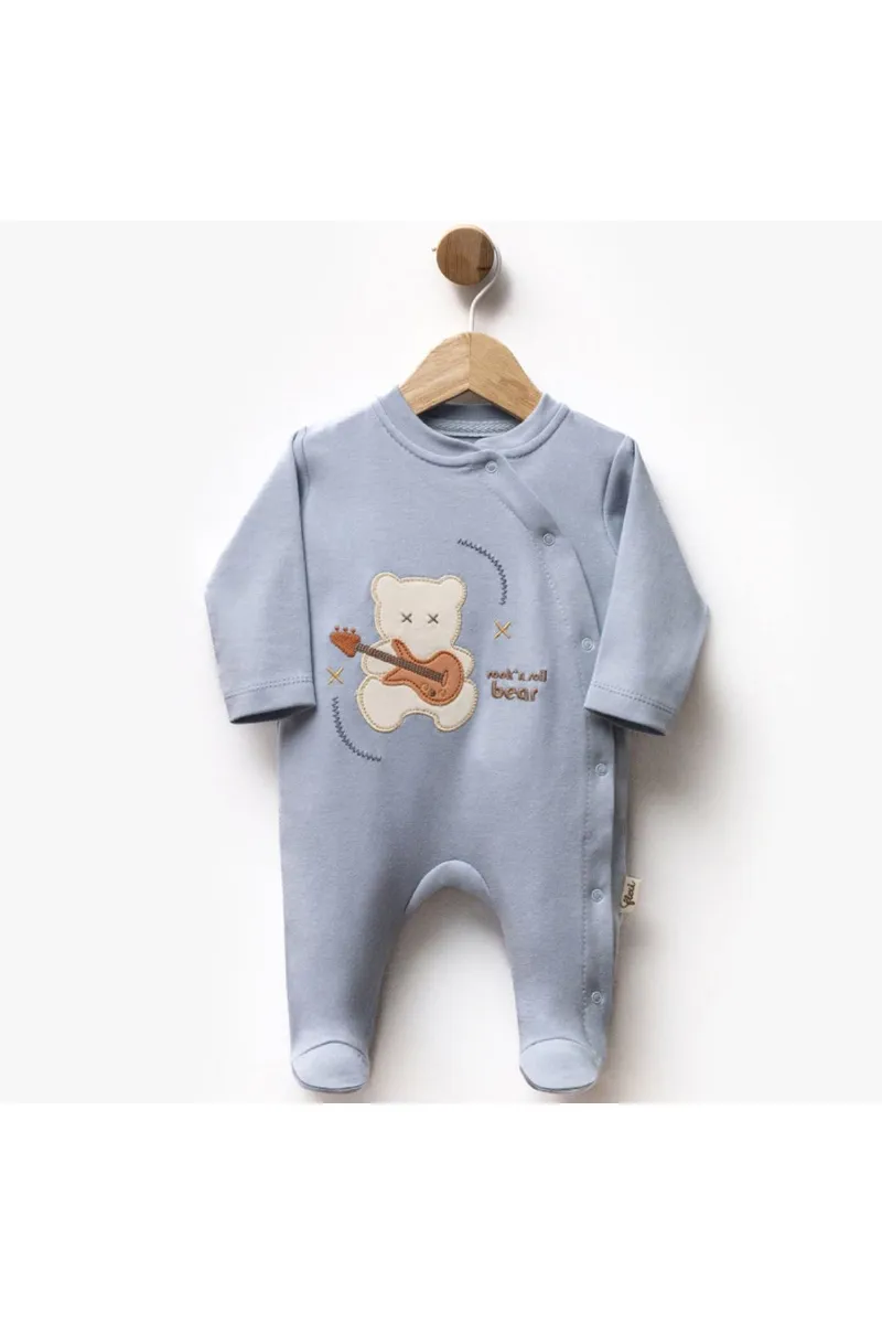 Erkek Bebek Mavi Gitarlı Ayıcık Desenli Çıtçıtlı Patikli Tulum