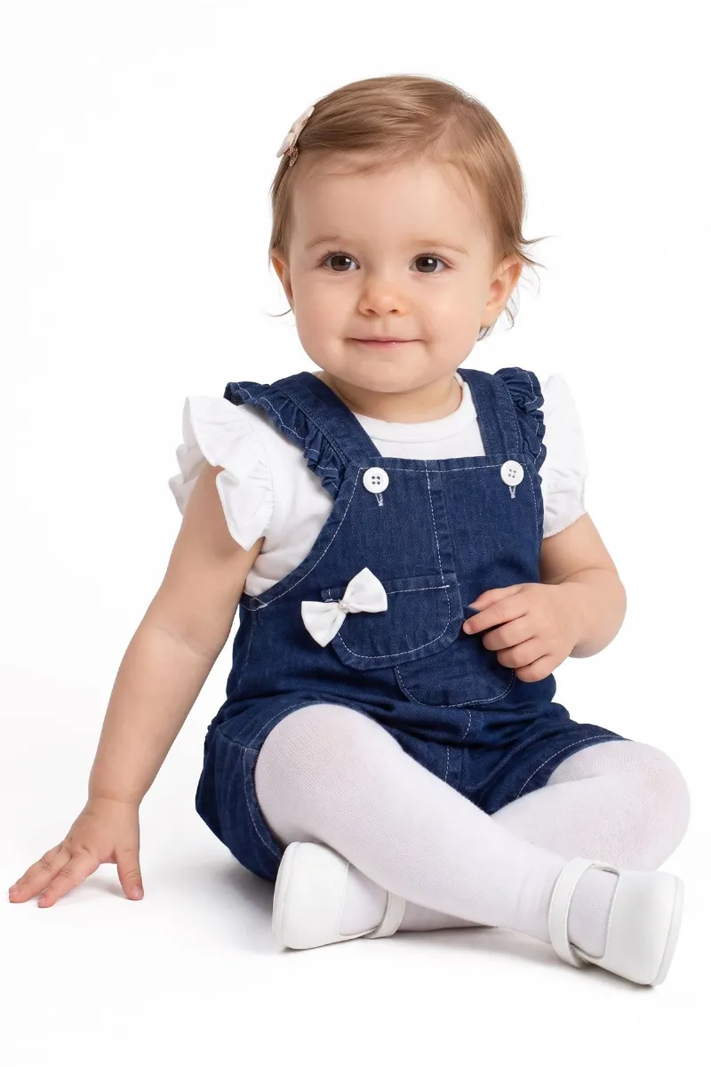 Kız Bebek Beyaz Laci Cepli Fiyonklu Kot Salopet Takım