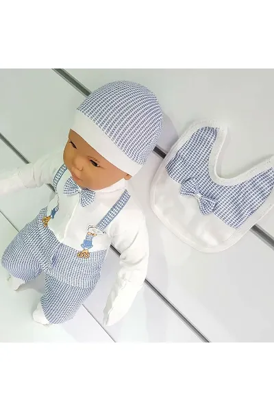 Ayıcık Askılı Papyonlu 5'li Erkek Bebek Hastane Çıkış Seti - Mavi
