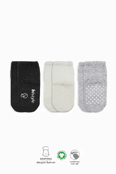 Bistyle Basic Kaymaz Penye Soket Çorap 3'Lü BS10106 Siyah Ekru Gri