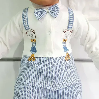 Ayıcık Askılı Papyonlu Mavi 5 li Erkek Bebek Hastane Çıkış Seti