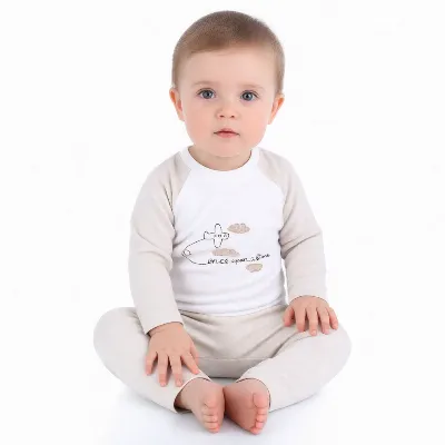 Erkek Bebek Ekru Bej Uçak Desenli 2'li Takım