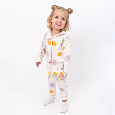 Kız Çocuk Ekru Turuncu Lila Çicek Tavşanlı Desenli Kruvaze Yaka Pijama Takımı