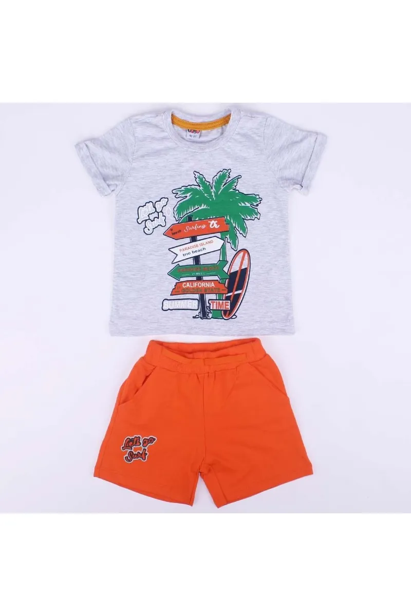 Erkek Çocuk Gri Turuncu Summer Time Yazılı Tabela Baskılı Şortlu 2'li Takım