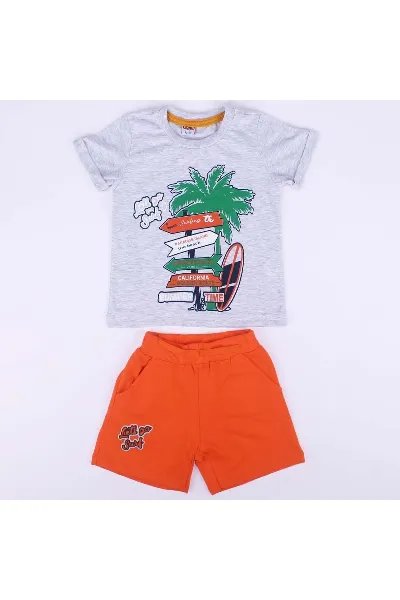 Erkek Çocuk Gri Turuncu Summer Time Yazılı Tabela Baskılı Şortlu 2'li Takım
