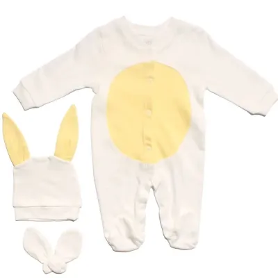 Unisex Ekru Sarı Göbekli Bereli Eldivenli Pomponlu Tavşan Tulum