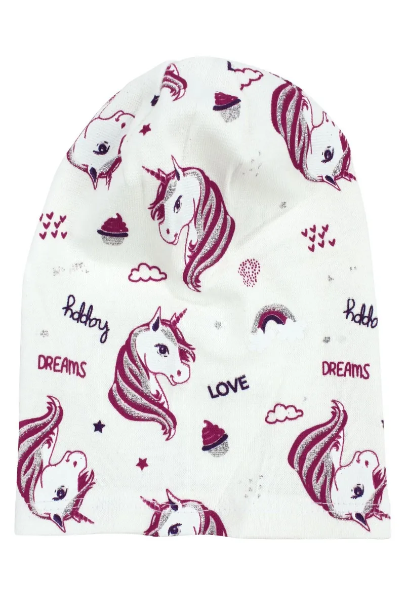 Kız Bebek Ekru  Gri Simli Pembe Unicorn Desenli Bere 0-6 Ay