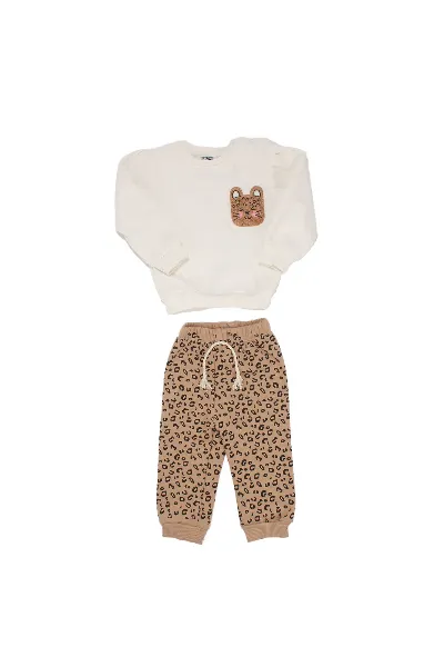 Kız Bebek Beyaz Kahve Kedi Nakışlı Leopar Desenli 3 İp 2'li Takım