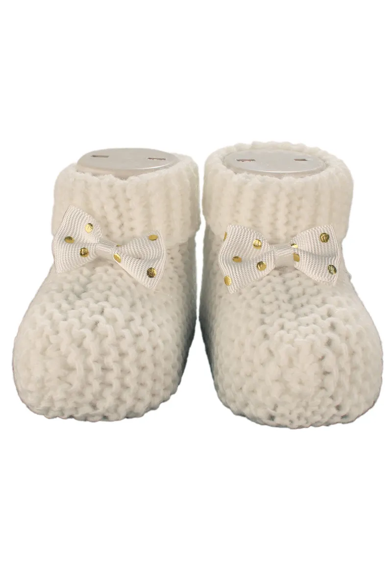 Unisex Ekru Puanlı Fiyonklu Triko Patik 0-6 Ay