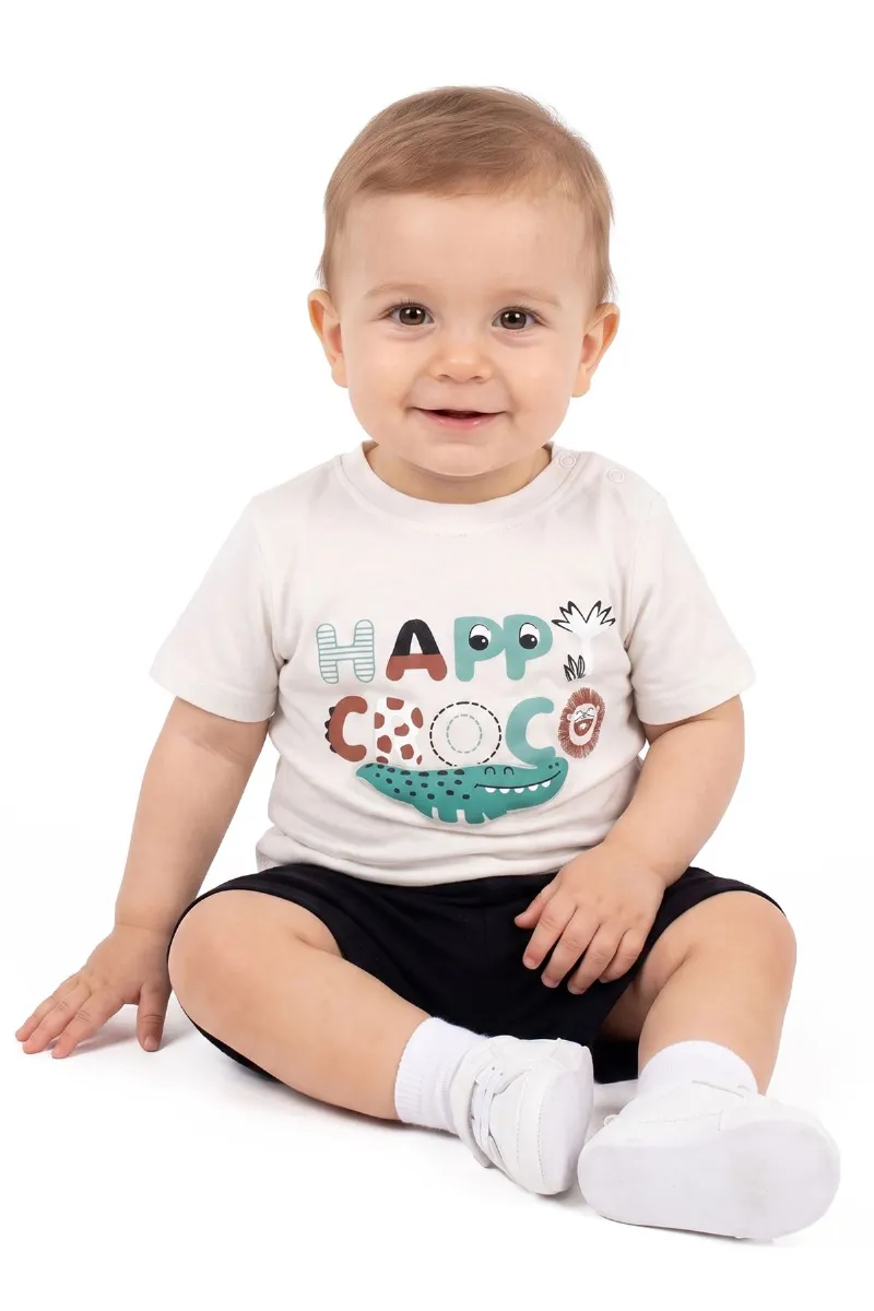 Erkek Bebek Ekru Siyah Happy Timsahlı Şortlu 2'li Takım