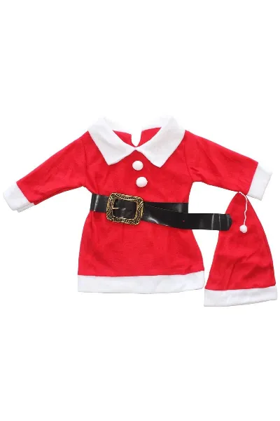 Kız Çocuk Kırmızı Kemerli Şapkalı Noel Baba Çocuk Elbisesi