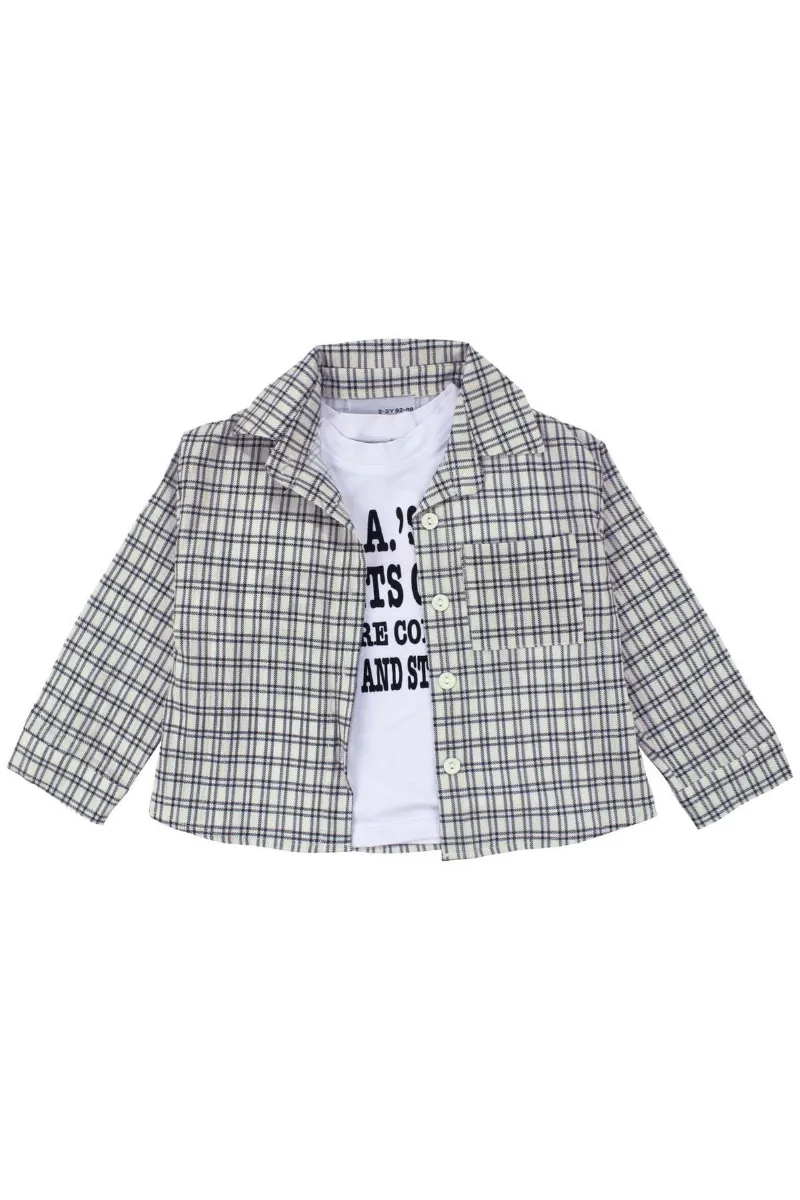 Unisex Ekru Siyah Ekoseli Gömlekli Şortlu 3'lü Takım
