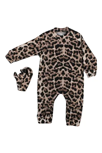 Kız Bebek Leopar Desenli Kaşkorse Bandanalı Tulum