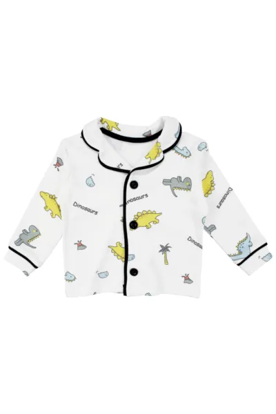 Unisex Ekru Renkli Dinazor Desenli Kruvaze Yaka Pijama Takımı
