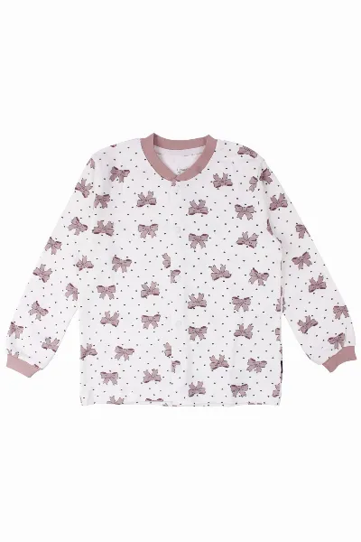 Kız Çocuk Ekru Gül Kurusu Fiyonk Baskılı Çıtçıtlı Pijama