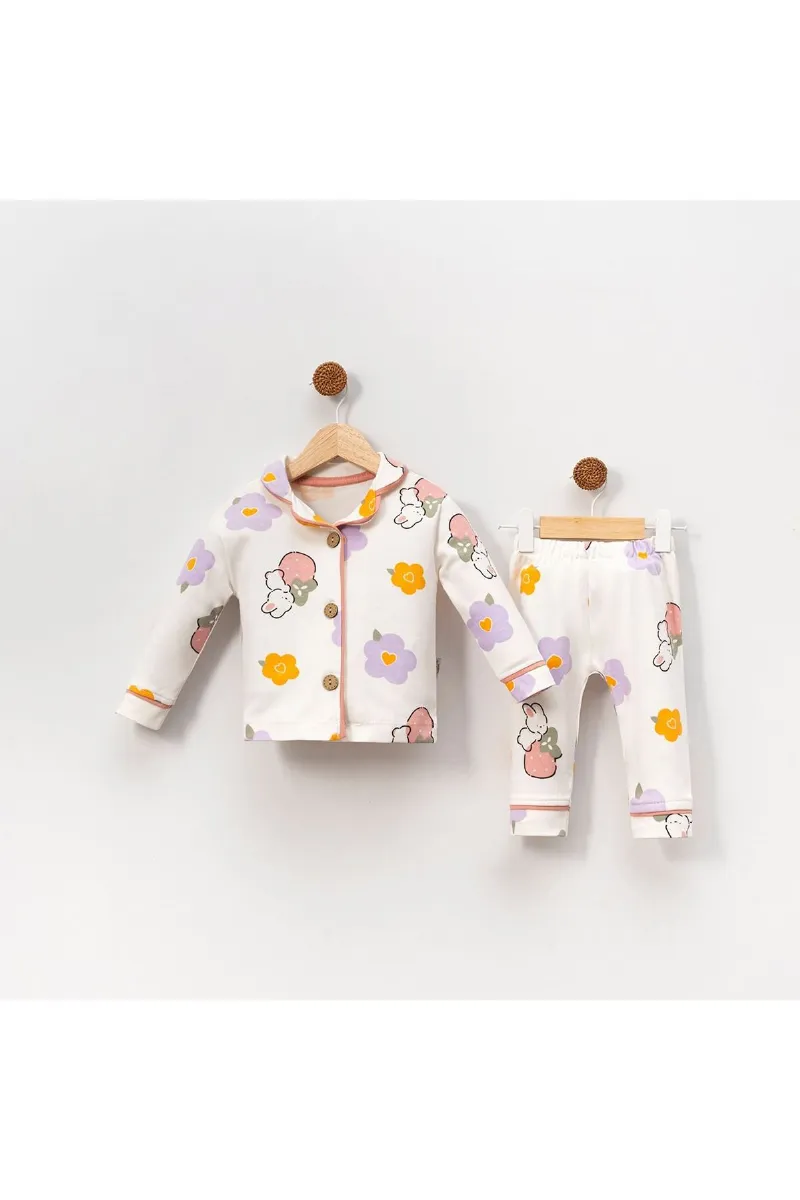 Kız Çocuk Ekru Turuncu Lila Çicek Tavşanlı Desenli Kruvaze Yaka Pijama Takımı