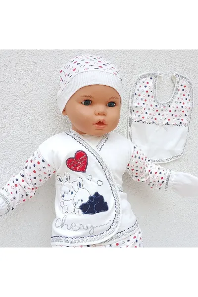 Chery Kalpli Tavşan 5 Parça Bebek Hastane Çıkış Seti - Lacivert Kırmızı