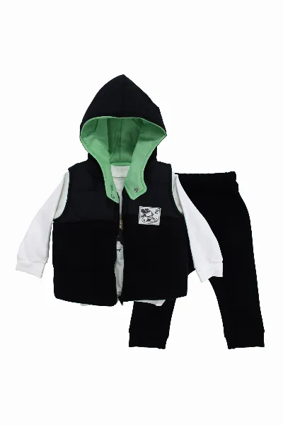 Erkek Bebek Siyah Yeşil Şapkalı Şişme Yelekli Badili 3'lü Takım