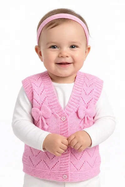 Lüx Pembe Kurdeleli Kız Bebek Triko Yelek