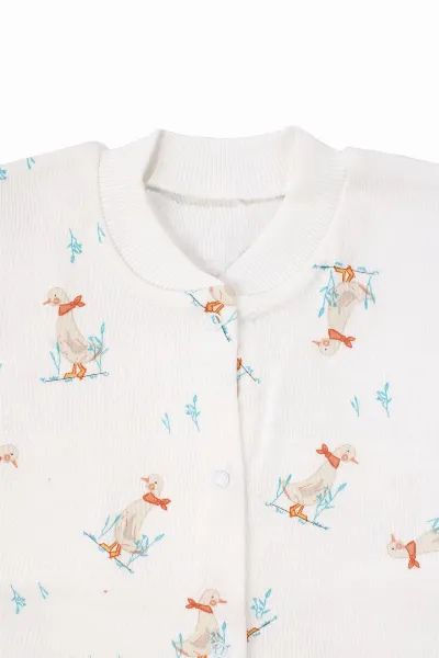 Unisex Ekru Ördek Desenli Çıtçıtlı Pijama Takımı
