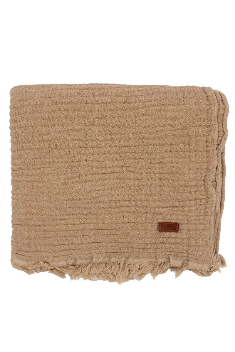 Unisex Kahve Püsküllü 4 Kat Battaniye 80x120