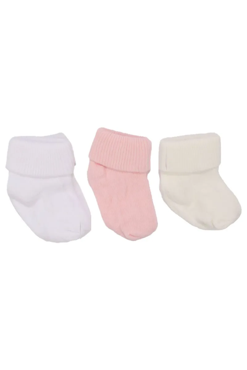 Unisex Pembe Beyaz Ekru Kıvrık 3'lü Çorap 0-6 Ay