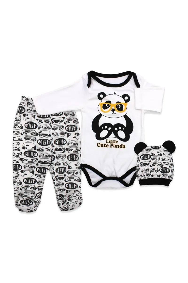 Gözlüklü Panda Baskılı Kulaklı Bereli Zıbın Takımı 3'lü