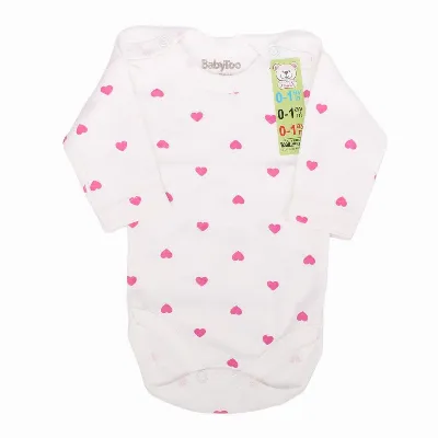 Kız Bebek Ekru Pembe Kalp Baskılı Uzun Kol Çıtçıtlı Body Zıbın