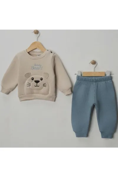 Erkek Bebek Gri Mavi Tedy Bear Ayılı Üç İp İkili Takım