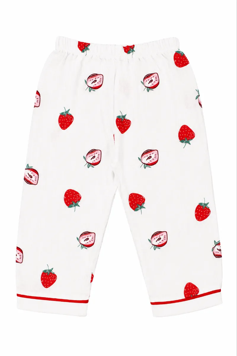 Kız Bebek Beyaz Kırmızı Çilek Baskılı Müslin Pijama Takımı