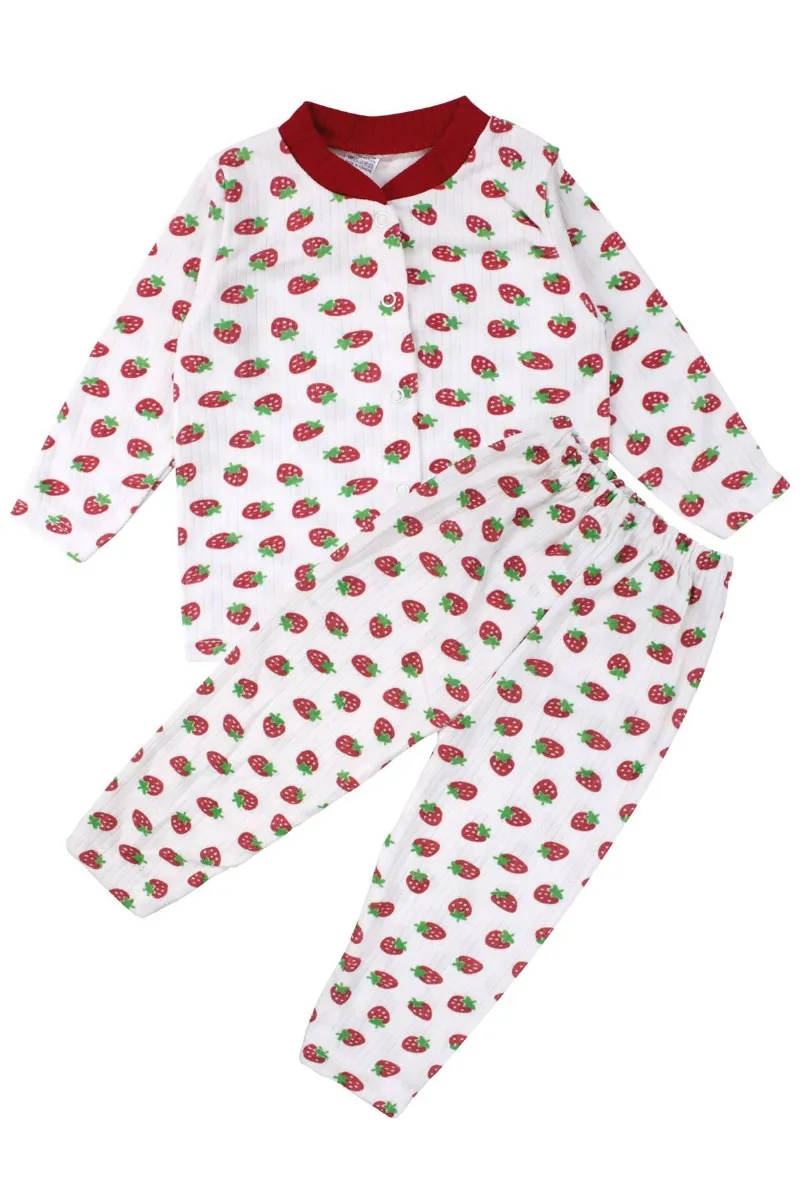 Kız Çocuk Ekru Kırmızı Çilek Baskılı Çıtçıtlı Pijama Takımı