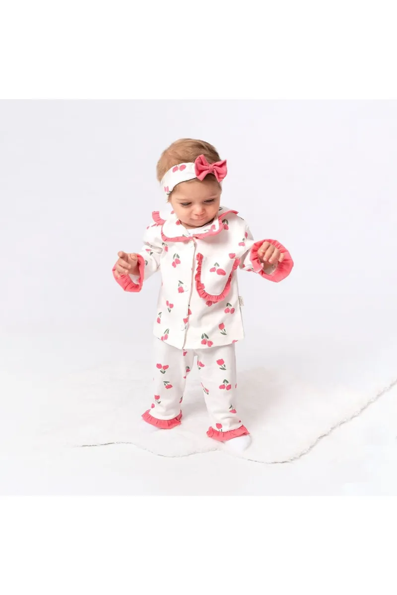 Kız Çocuk Ekru Pembe Lale Desenli Fırfırlı Bandanalı Pijama Takımı