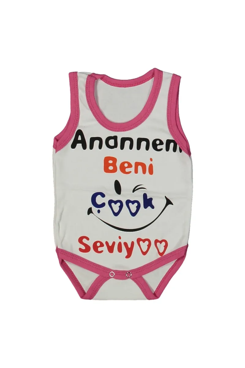 Kız Bebek Beyaz Fuşya Biyeli Anaannem Beni Seviyor Yazılı Askılı Zıbın