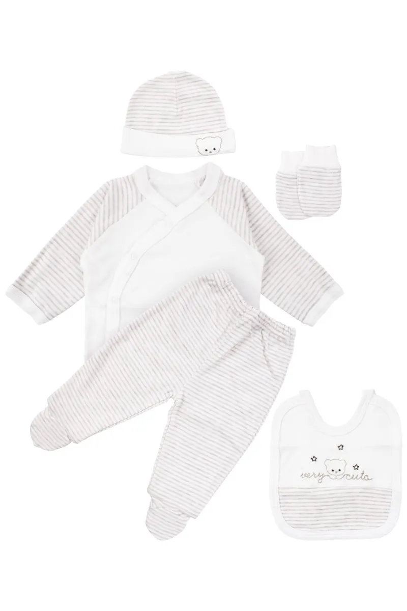 Unisex Ekru Very Cute Nakışlı 5 Parça Organik Hastane Çıkış Seti