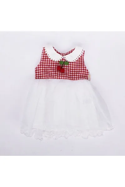 Kız Bebek Ekru Kırmızı pötikareli Kirazlı Yakalı Tüllü Elbise
