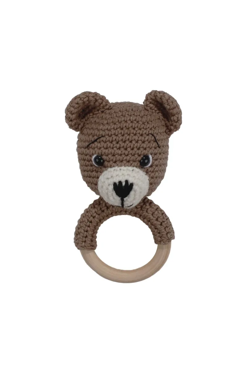 Amigurumi Sevimli Kahve Ayıcık Diş Kaşıyıcı Çıngıraklı Organik Oyuncak