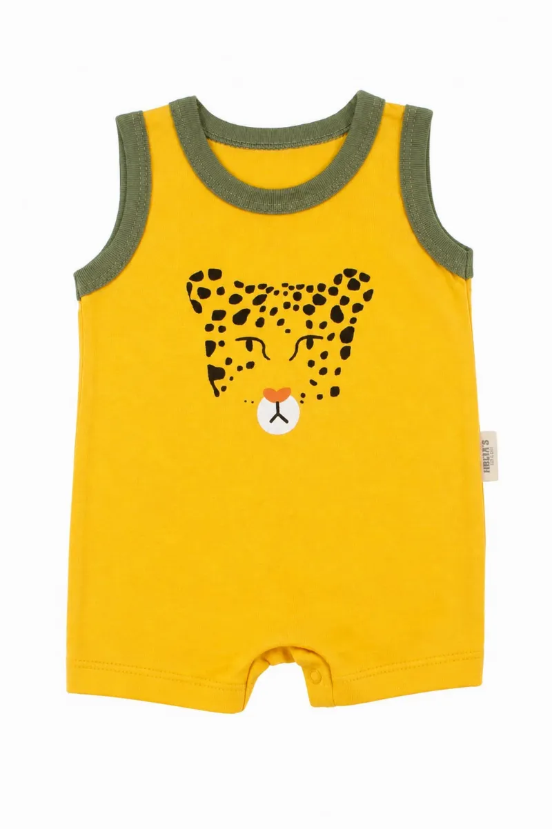 Erkek Bebek Sarı Yeşil Biyeli Leopar Baskılı Tulum