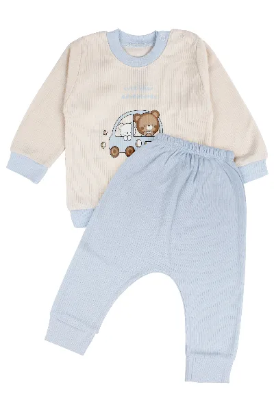 Erkek Bebek Mavi Yeşil Ayıcık Baskılı Pijama Takımı