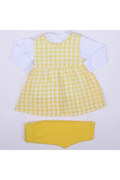 Kız Bebek Sarı Ekoseli Gofre 3'lü Takım