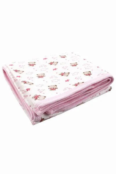 Ayıcık Desenli Penye Tek Kat Krem Pembe Bebek Battaniyesi