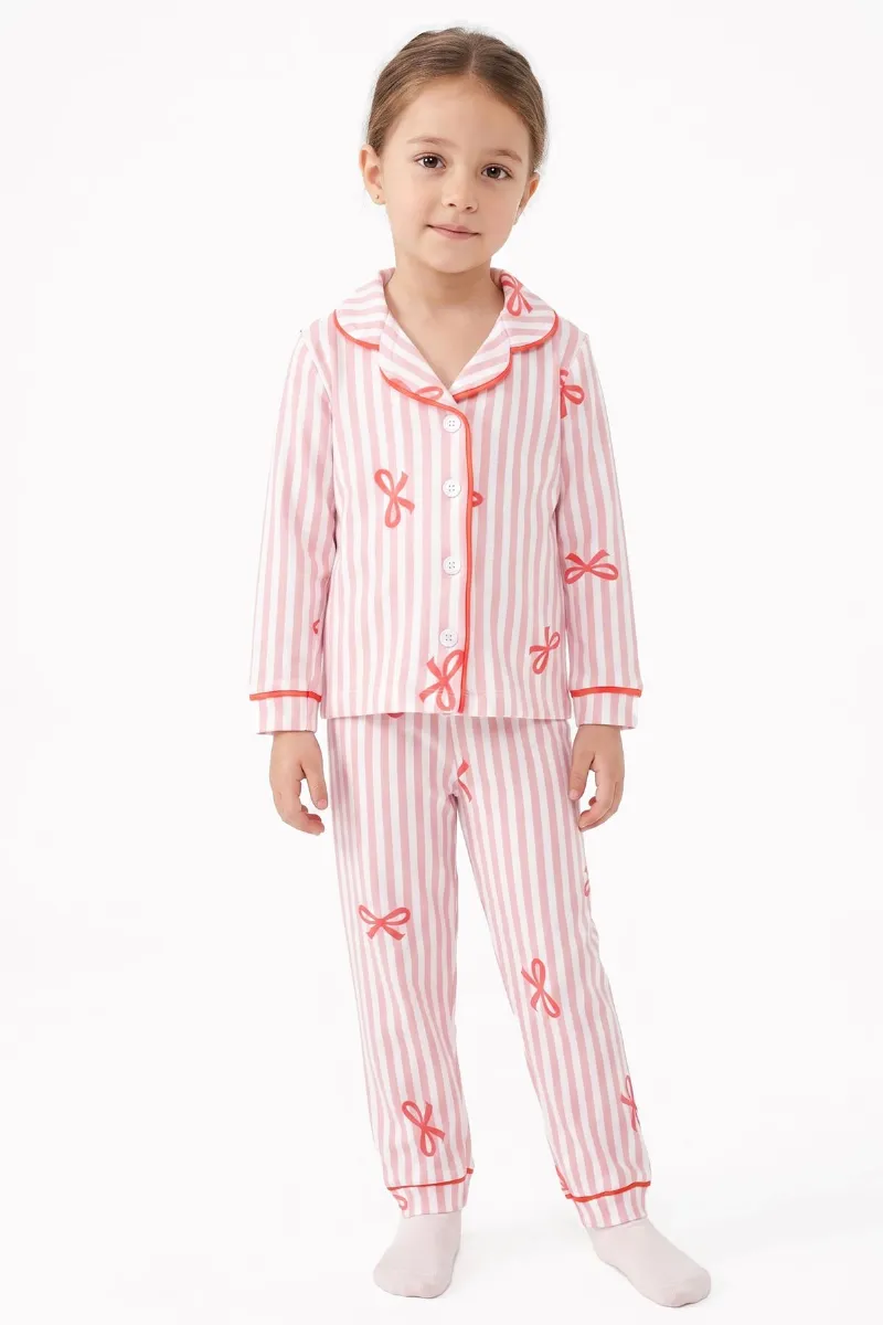 Kız Bebek Beyaz Pudra Fiyonklu Çizgili Pijama Takımı
