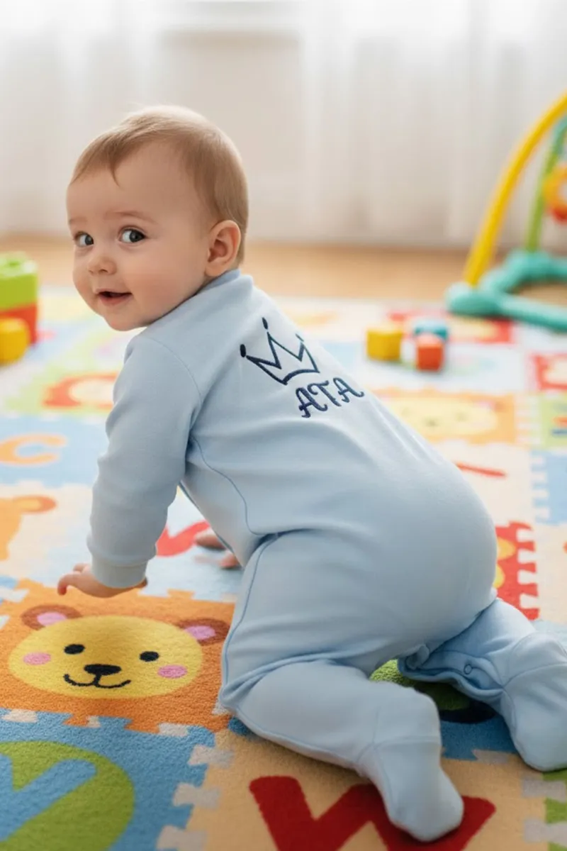 Erkek Bebek Mavi Laci Nakışlı İsimli İsme Özel Tulum